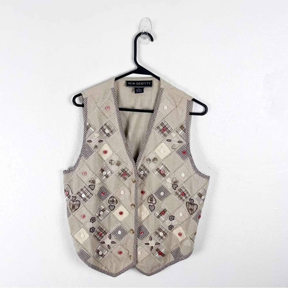 NEW IDENTITY 100% Cotton Square Patchwork Button Graphic Vest Size XL Boho